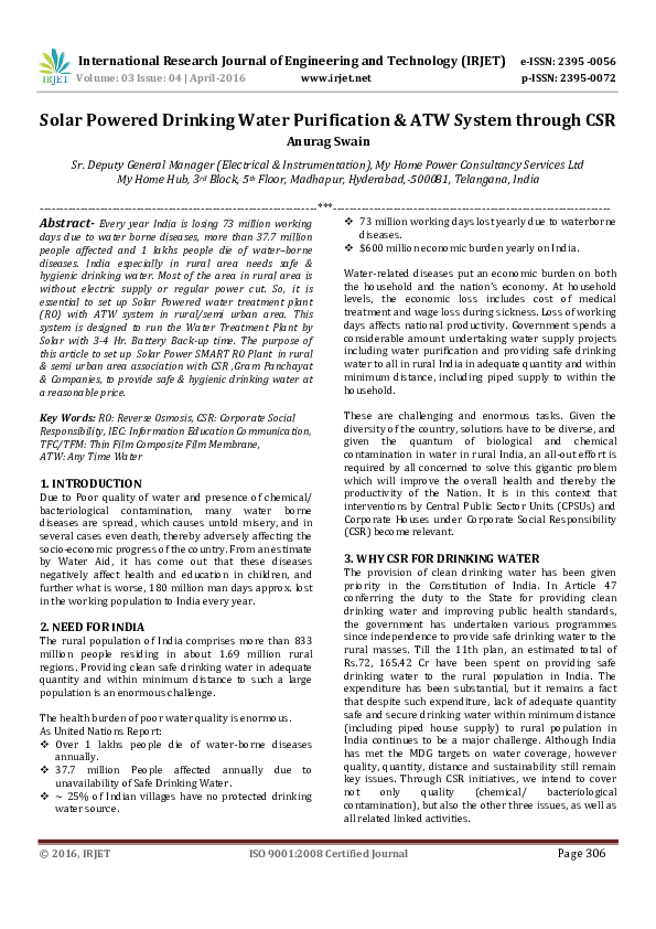 (PDF) Solar Powered Drinking Water Purification & ATW System through