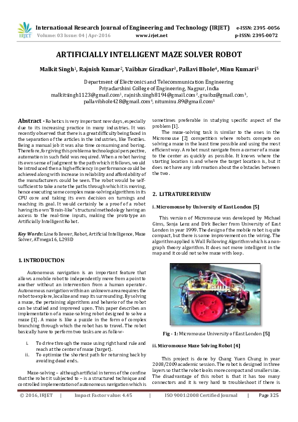(PDF) ARTIFICIALLY INTELLIGENT MAZE SOLVER ROBOT