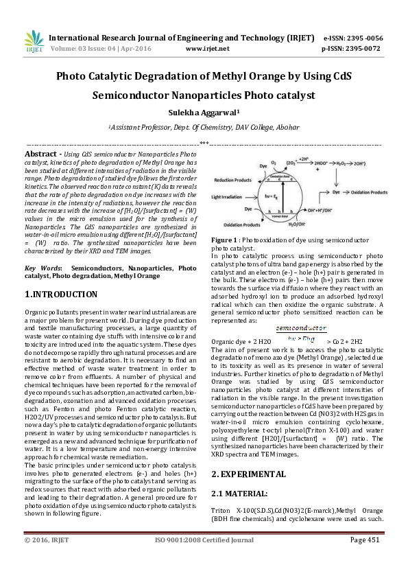 (PDF) Photo Catalytic Degradation of Methyl Orange by Using CdS