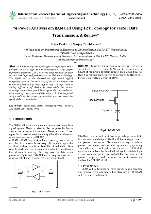 (PDF) " A Power Analysis of SRAM Cell Using 12T Topology for Faster ...