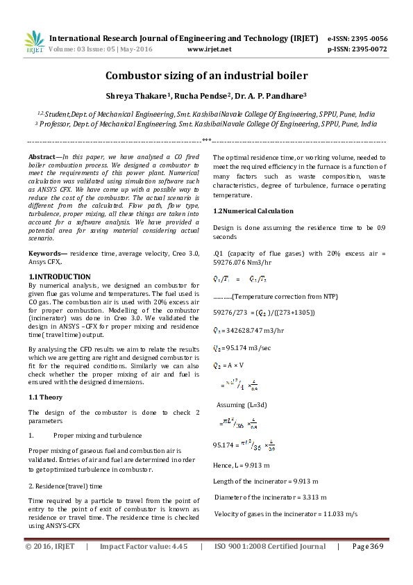 (PDF) Combustor sizing of an industrial boiler IRJET Journal