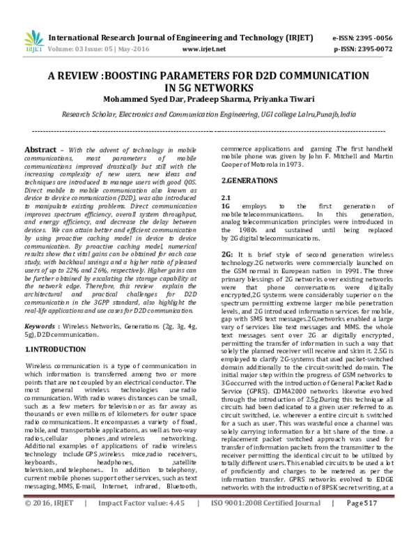 (PDF) A REVIEW :BOOSTING PARAMETERS FOR D2D COMMUNICATION IN 5G NETWORKS