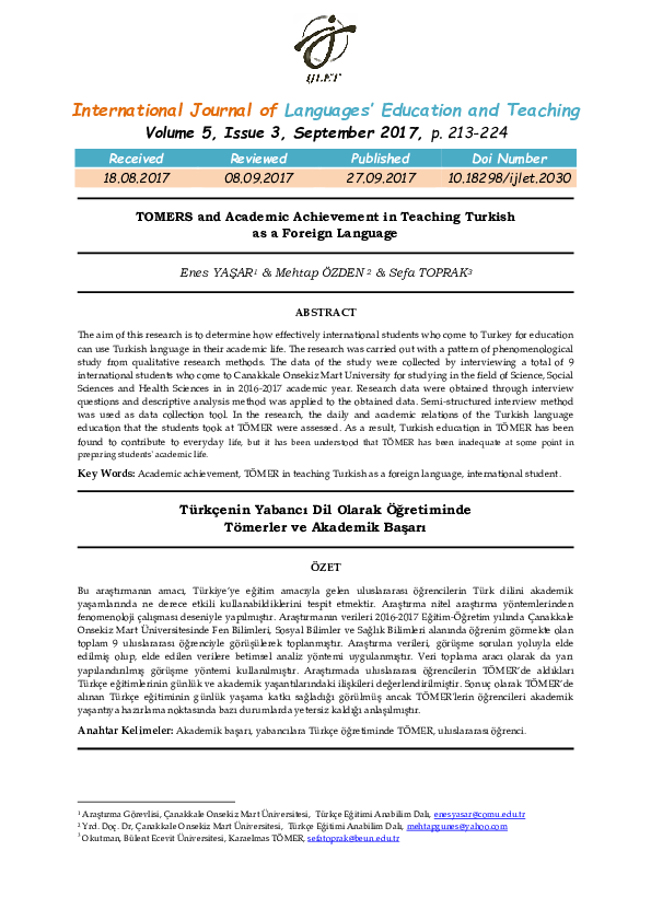 (PDF) TOMERS and Academic Achievement in Teaching Turkish as a Foreign ...