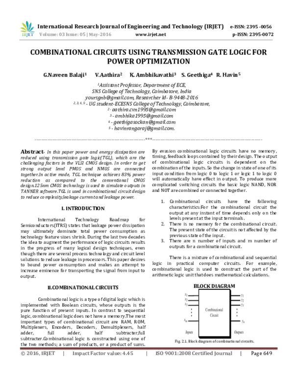 (PDF) COMBINATIONAL CIRCUITS USING TRANSMISSION GATE LOGIC FOR POWER