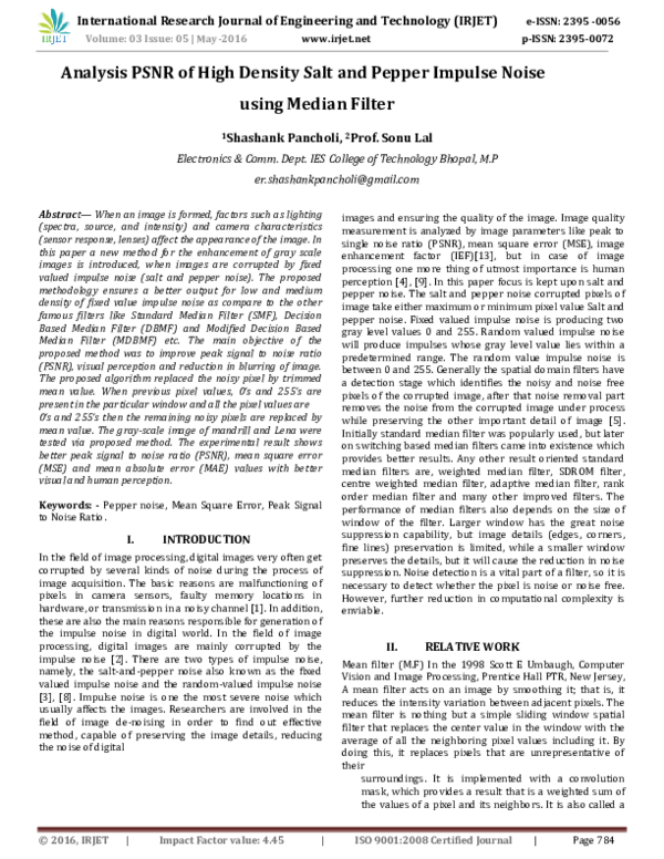 (PDF) Analysis PSNR of High Density Salt and Pepper Impulse Noise using ...