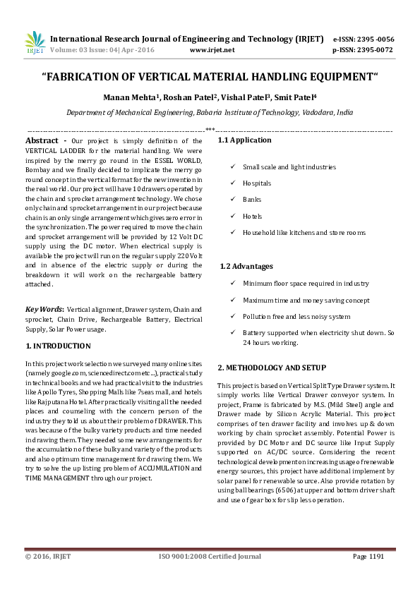 (PDF) " FABRICATION OF VERTICAL MATERIAL HANDLING EQUIPMENT " IRJET