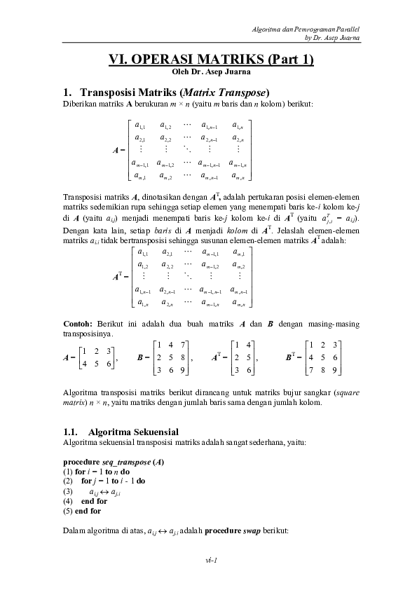 (PDF) Algoritma dan Pemrograman Parallel VI. OPERASI MATRIKS (Part 1