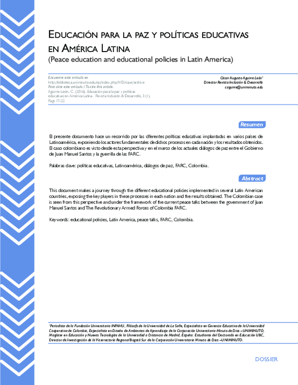 (PDF) Educación para la paz y política educativas de America Latina ...