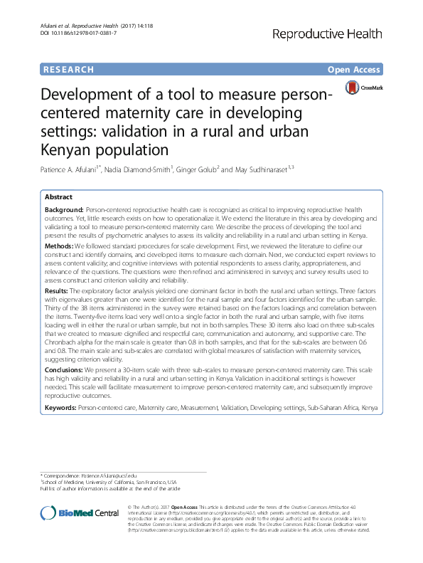 (PDF) Development of a tool to measure person- centered maternity care ...