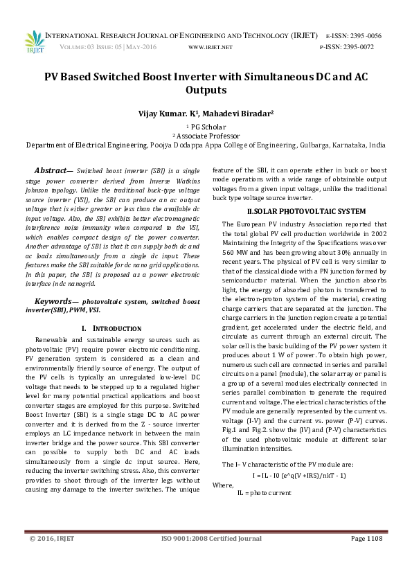 (PDF) PV Based Switched Boost Inverter with Simultaneous DC and AC Outputs
