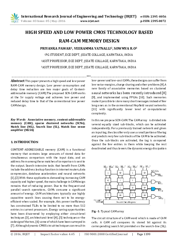 (PDF) HIGH SPEED AND LOW POWER CMOS TECHNOLOGY BASED RAMCAM MEMORY