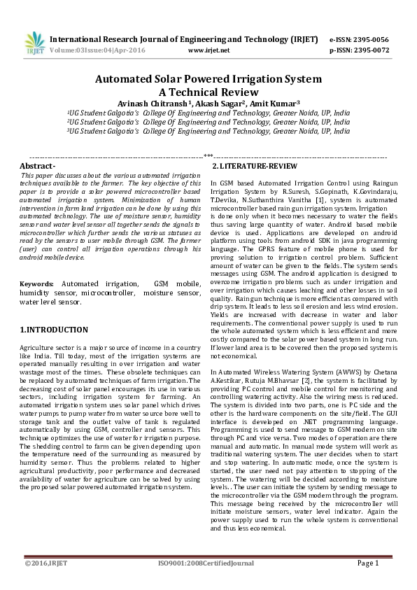 (PDF) Automated Solar Powered Irrigation System A Technical Review