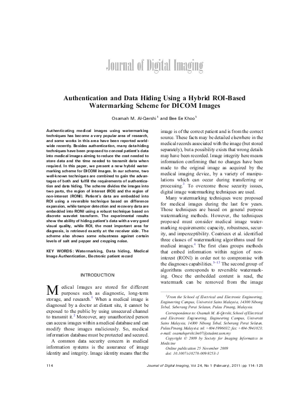 (PDF) Authentication and Data Hiding Using a Hybrid ROI-Based ...