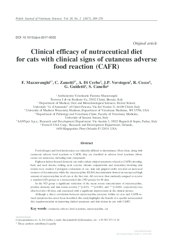 (PDF) Clinical efficacy of nutraceutical diet for cats with clinical ...