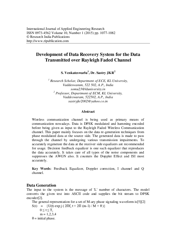 Pdf Development Of Data Recovery System For The Data Transmitted Over Rayleigh Faded Channel Sastry Jammalamadaka Academia Edu