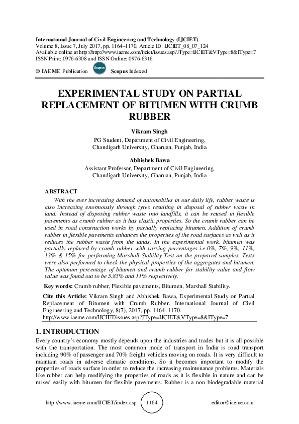(PDF) EXPERIMENTAL STUDY ON PARTIAL REPLACEMENT OF BITUMEN WITH CRUMB ...