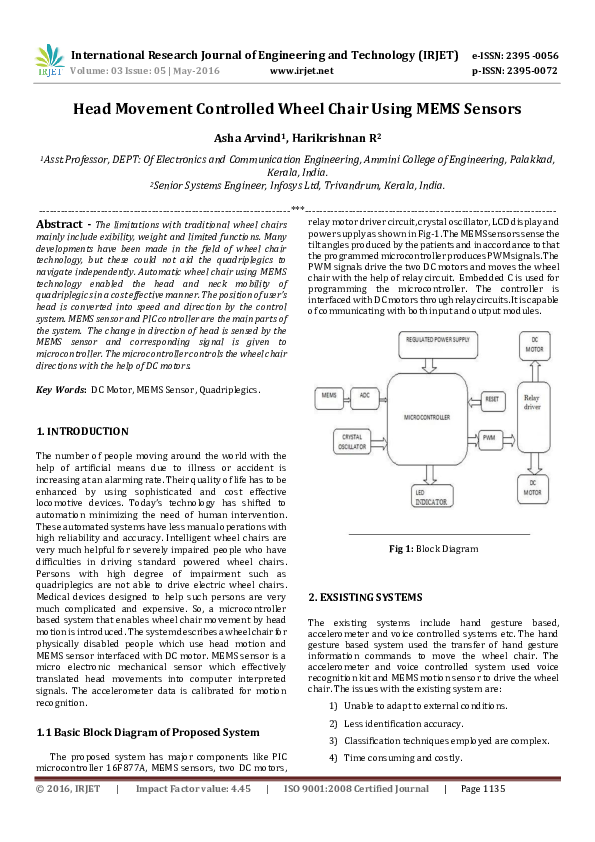 (PDF) Head Movement Controlled Wheel Chair Using MEMS Sensors IRJET Journal Academia.edu