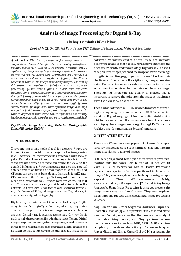 (PDF) Analysis of Image Processing for Digital XRay IRJET Journal