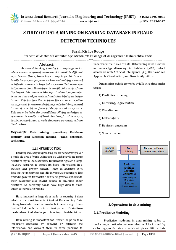 (PDF) STUDY OF DATA MINING ON BANKING DATABASE IN FRAUD DETECTION ...
