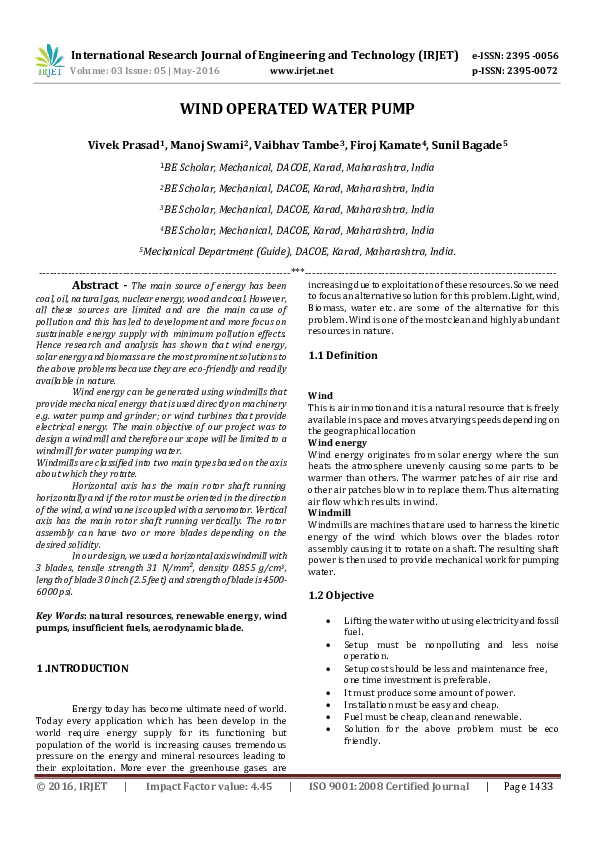 Pdf Wind Operated Water Pump