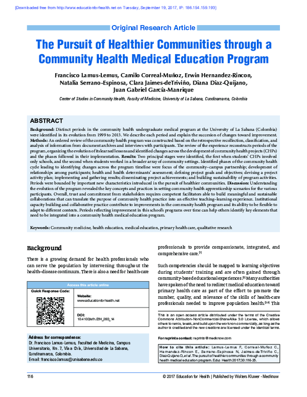 (PDF) The Pursuit of Healthier Communities through a Community Health ...