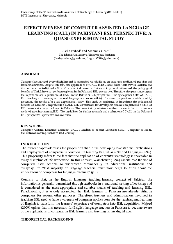 (DOC) EFFECTIVENESS OF COMPUTER ASSISTED LANGUAGE LEARNING (CALL) IN ...