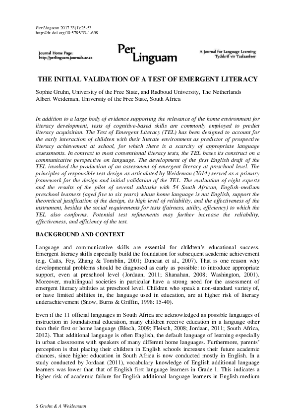 (PDF) [2017] The initial validation of a Test of Emergent Literacy