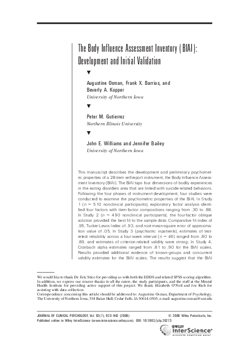 (PDF) The Body Influence Assessment Inventory (BIAI): Development and ...