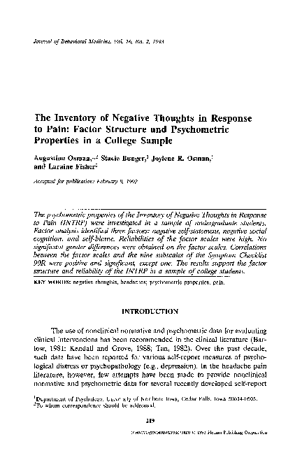 (PDF) The Inventory of Negative Thoughts in Response to Pain: Factor ...