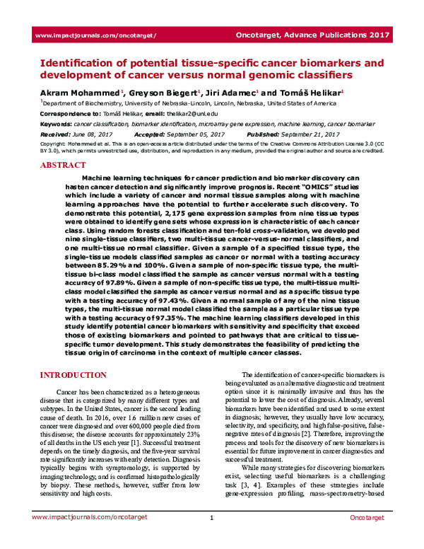 (PDF) Identification of potential tissue-specific cancer biomarkers and ...