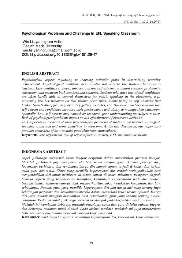 (PDF) Psychological Problems and Challenge In EFL Speaking Classroom