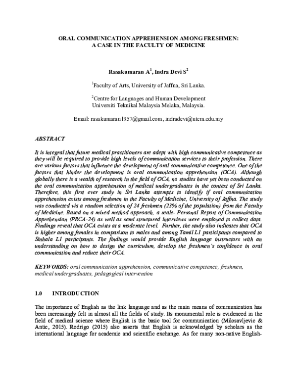 (PDF) ORAL COMMUNICATION APPREHENSION AMONG FRESHMEN A CASE IN THE