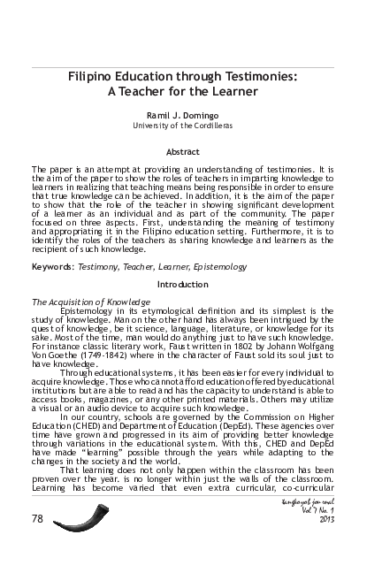 (PDF) Filipino Education through Testimonies: A Teacher for the Learner