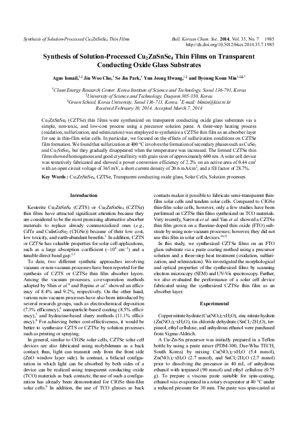 (PDF) Synthesis of solutionprocessed Cu2ZnSnSe4 thin films on transparent conducting oxide