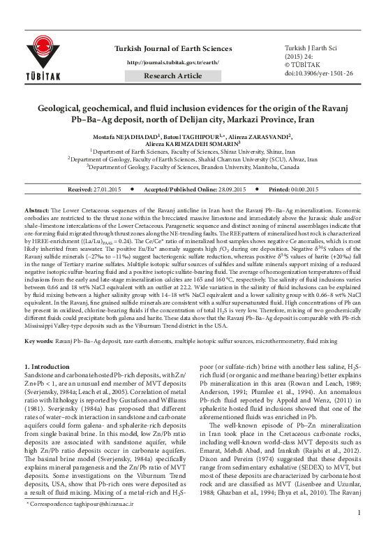 (PDF) Turkish Journal of Earth Sciences Geological, geochemical, and