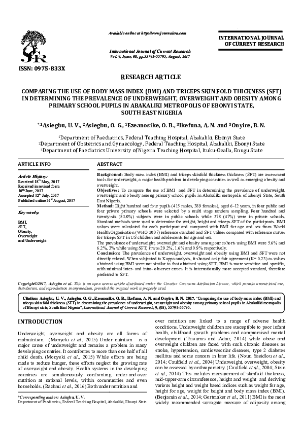Pdf Comparing The Use Of Body Mass Index Bmi And Triceps Skin Fold Thickness Sft In Determining The Prevalence Of Underweight Overweight And Obesity Among Primary School Pupils In Abakaliki Metropolis Of