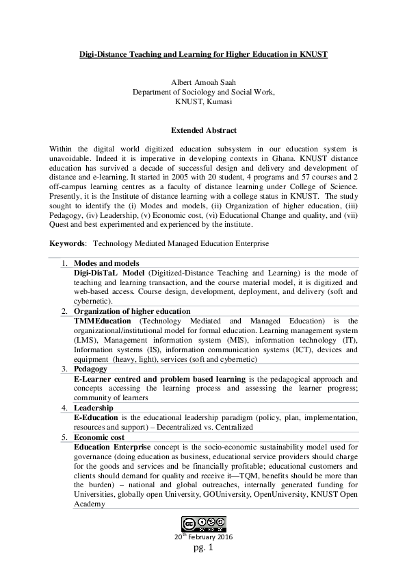 (PDF) DigiDistance Teaching and Learning for Higher Education in KNUST Al A Saah Academia.edu