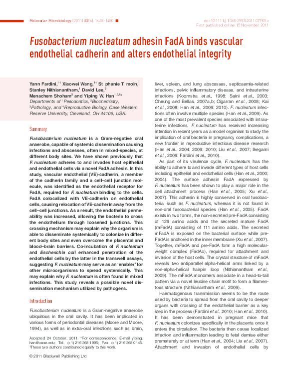 (PDF) Fusobacterium nucleatum adhesin FadA binds vascular endothelial ...