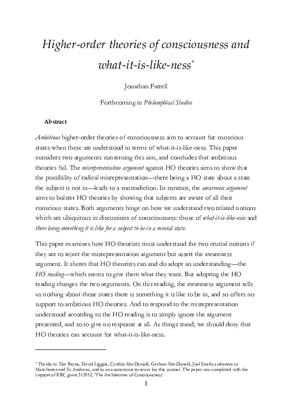 (PDF) Higherorder theories of consciousness and whatitislikeness