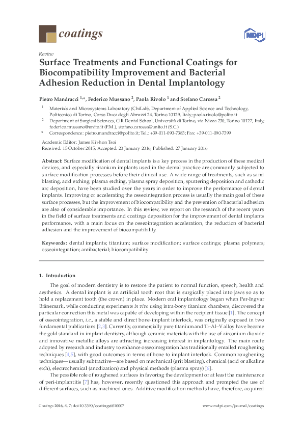 (PDF) Surface Treatments and Functional Coatings for Biocompatibility ...