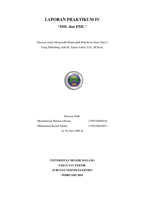 (PDF) Basis Data I LAPORAN PRAKTIKUM IV DDL dan DML