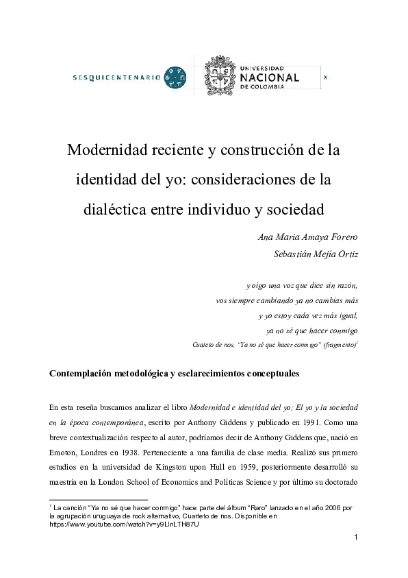 (PDF) Modernidad reciente y construcción de la identidad del yo