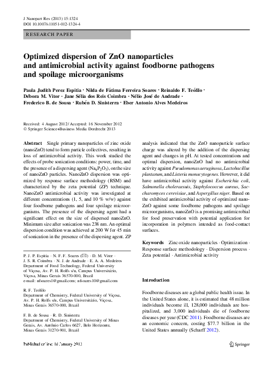 (PDF) Optimized dispersion of ZnO nanoparticles and antimicrobial ...