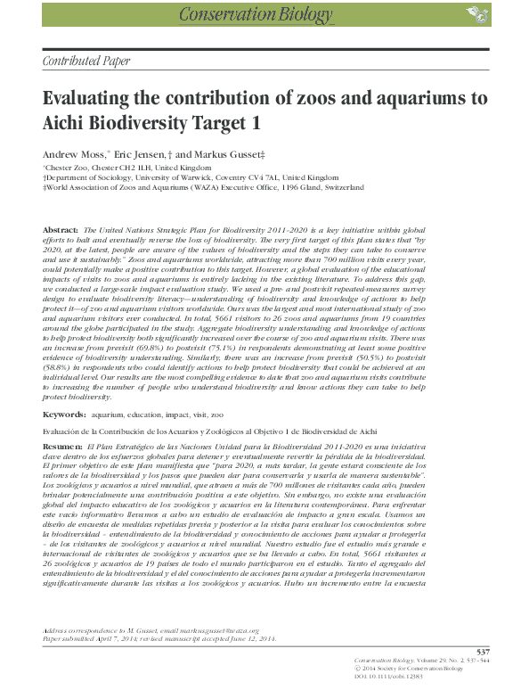 (PDF) Evaluating the contribution of zoos and aquariums to Aichi