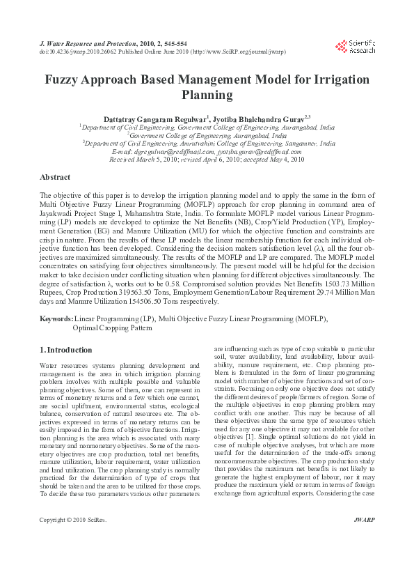 (PDF) Fuzzy Approach Based Management Model for Irrigation Planning