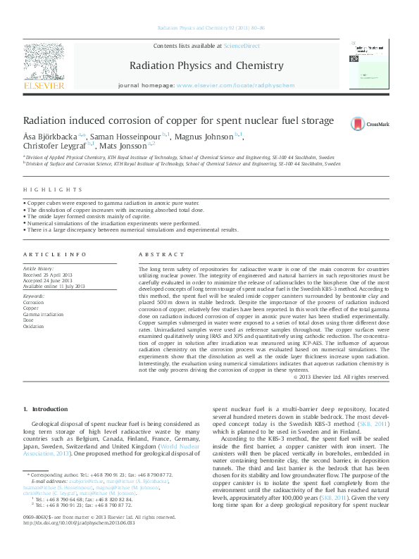 (PDF) Radiation induced corrosion of copper for spent nuclear fuel storage