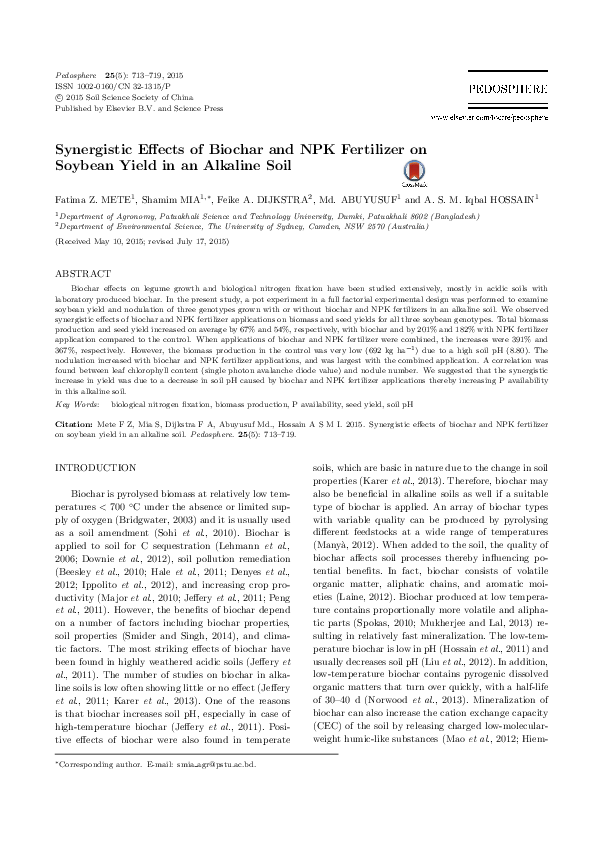 (PDF) Synergistic Effects of Biochar and NPK Fertilizer on Soybean