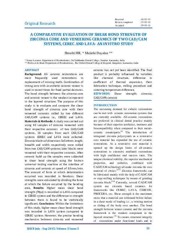 (PDF) A COMPARATIVE EVALUATION OF SHEAR BOND STRENGTH OF ZIRCONIA CORE ...