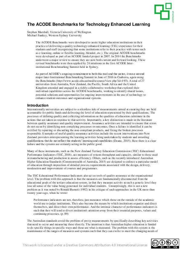 (PDF) The ACODE Benchmarks for Technology Enhanced Learning