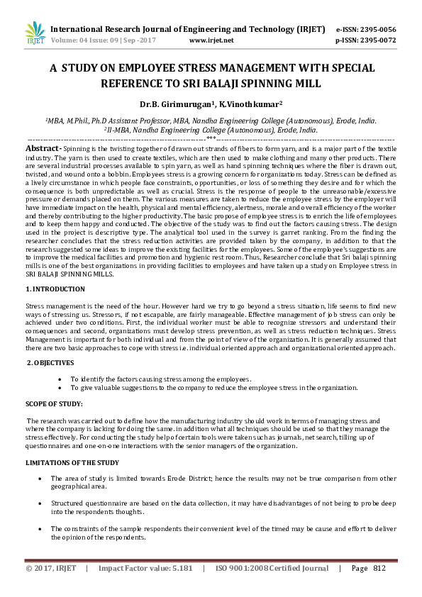 (PDF) A STUDY ON EMPLOYEE STRESS MANAGEMENT WITH SPECIAL REFERENCE TO ...